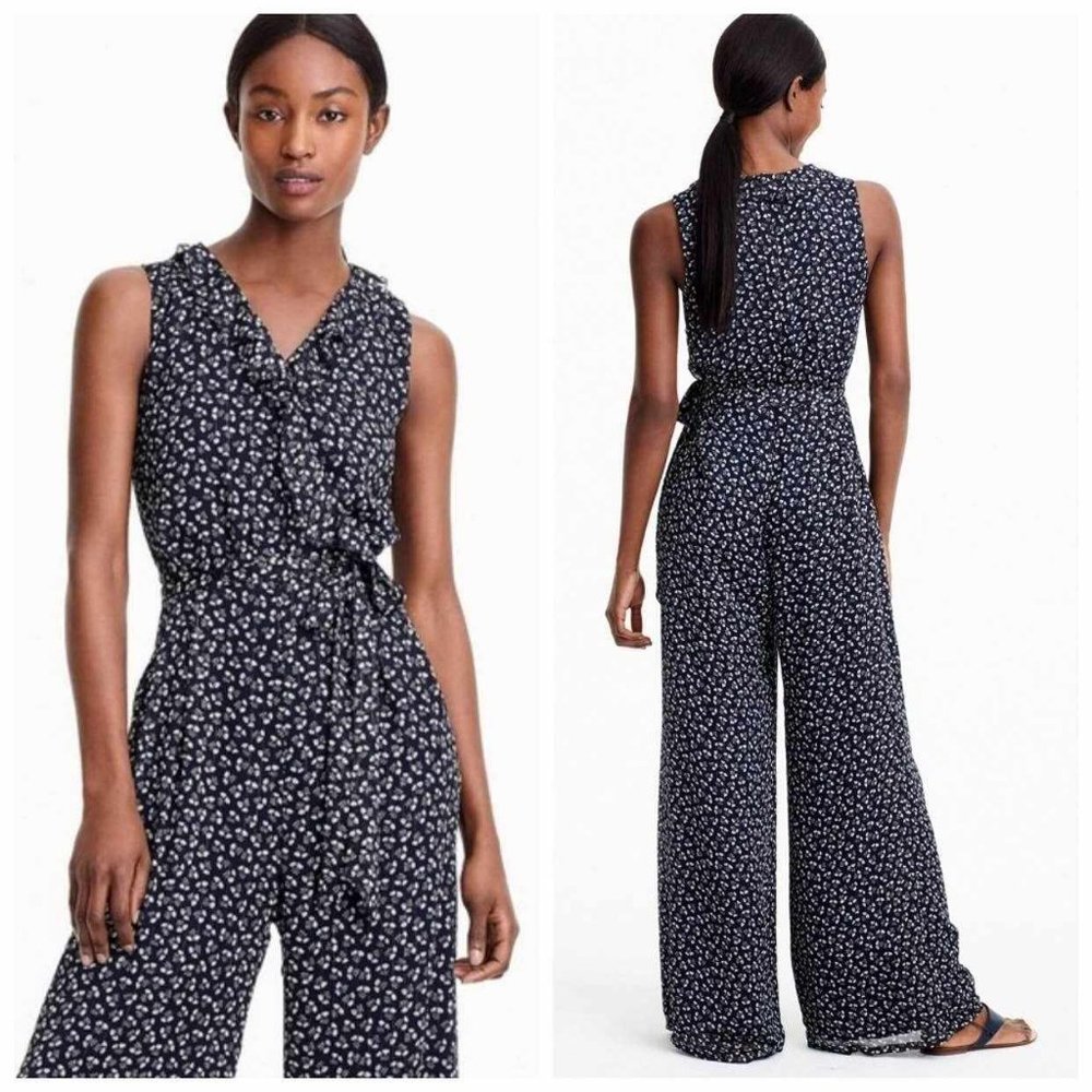 {Point Sur} Fully Lined Chiffon Jumpsuit Vintage Wide Leg with Floral Print 70s
